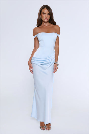 The After Party Off Shoulder Satin Maxi Dress Blue