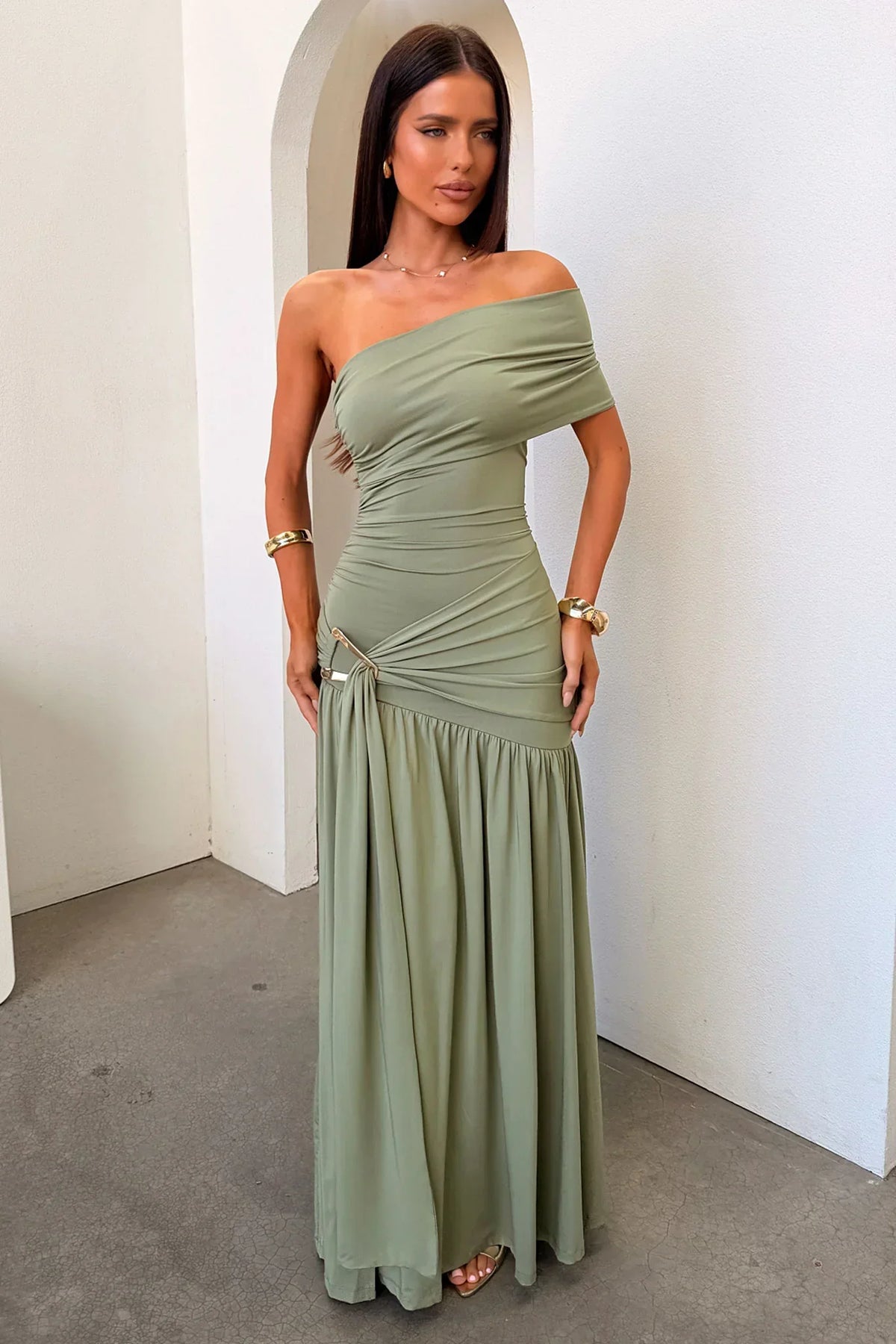 Aveline Strapless Wrap Maxi Dress - Olive