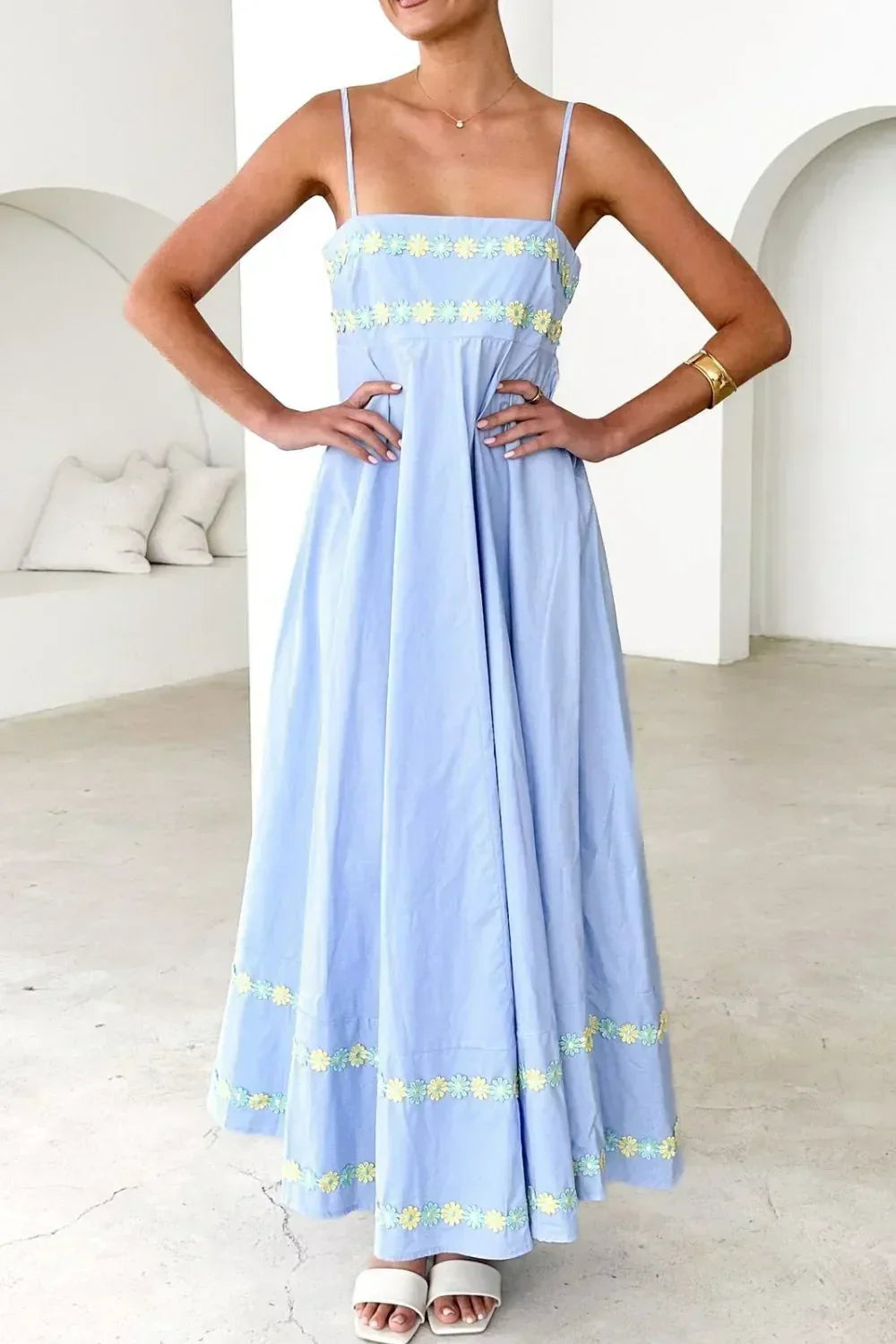 Floral Embroidered Spaghetti Strap Maxi Dress