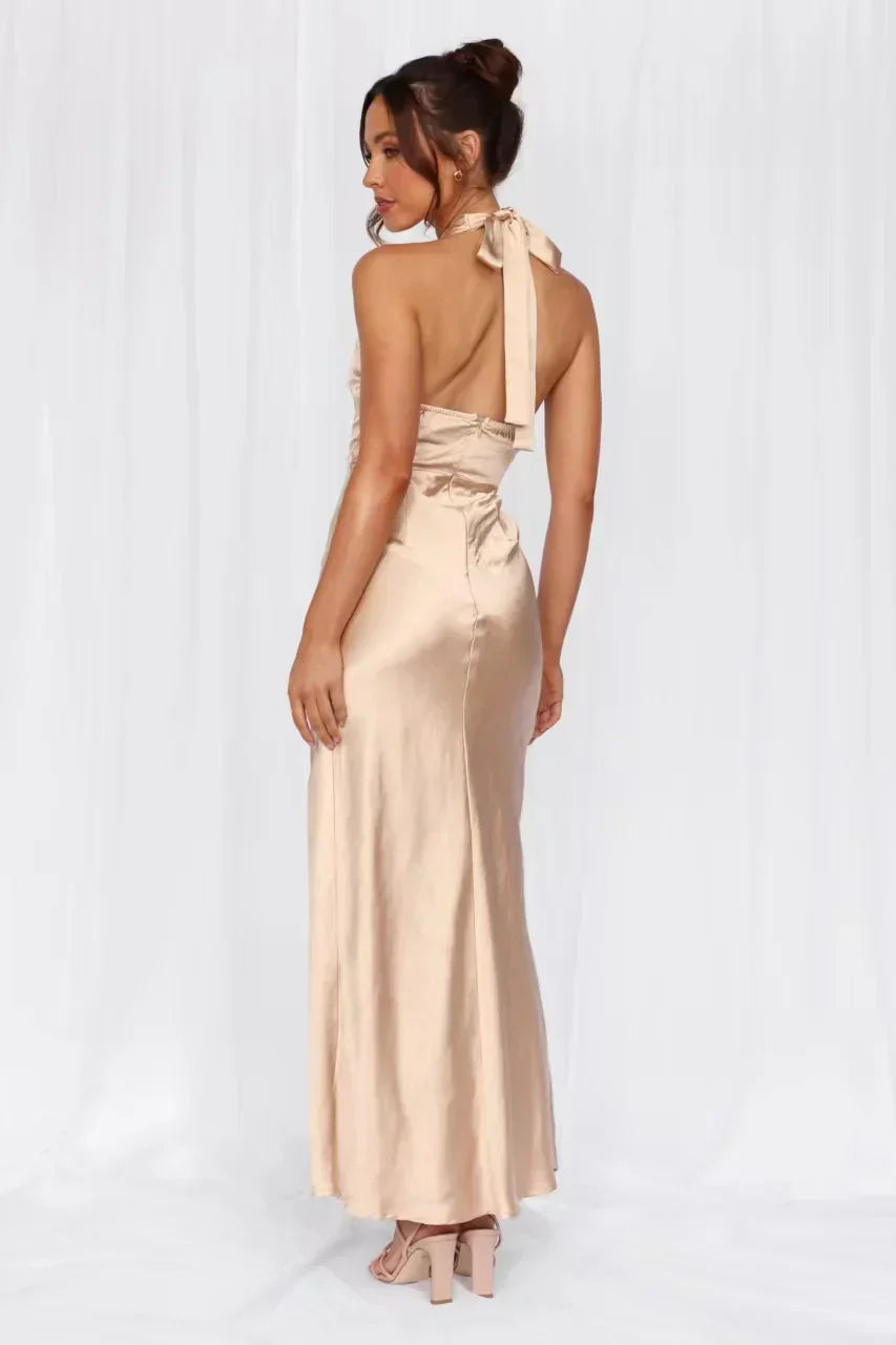 The Adeline Halter Satin Maxi Dress Champagne