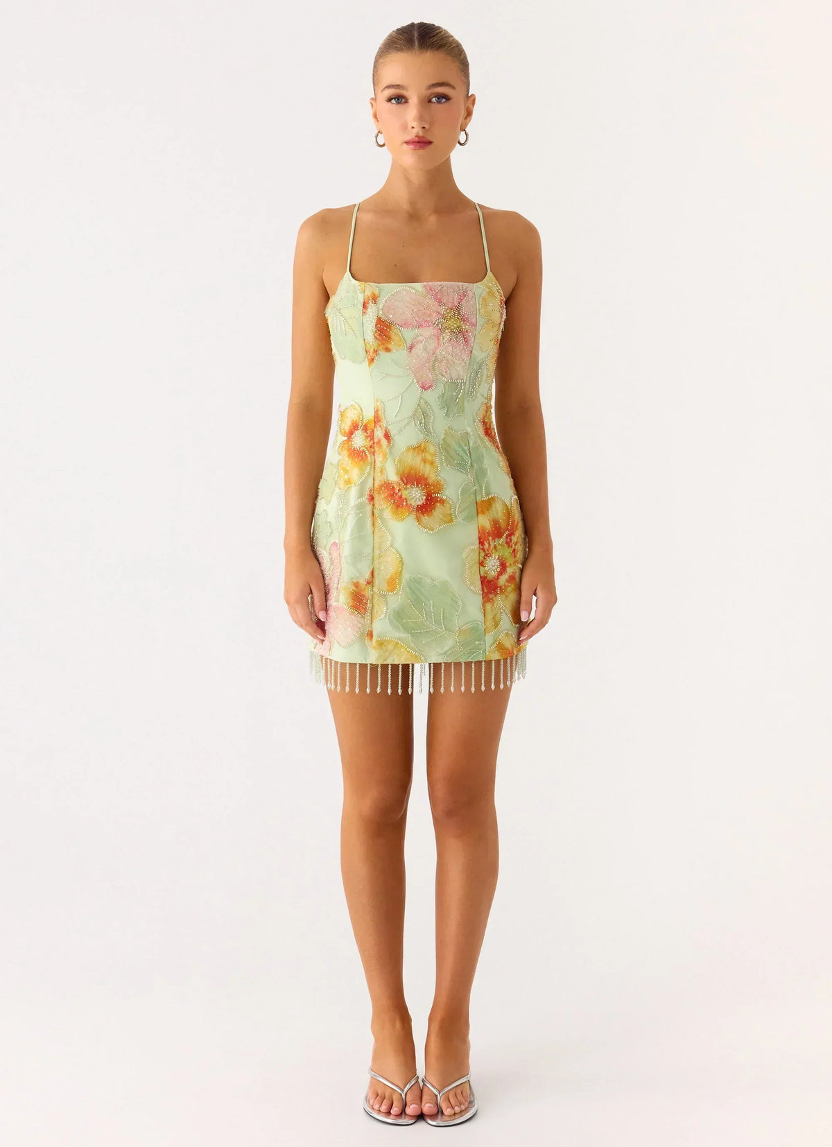 Gatiana Beaded Sequin Mini Dress - Green Floral Beaded