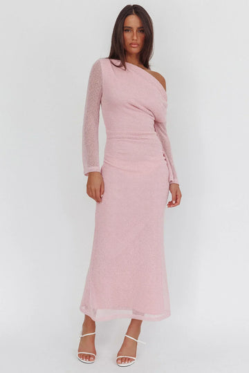 Alivya Asymmetric Neckline Knit Maxi Dress Pink