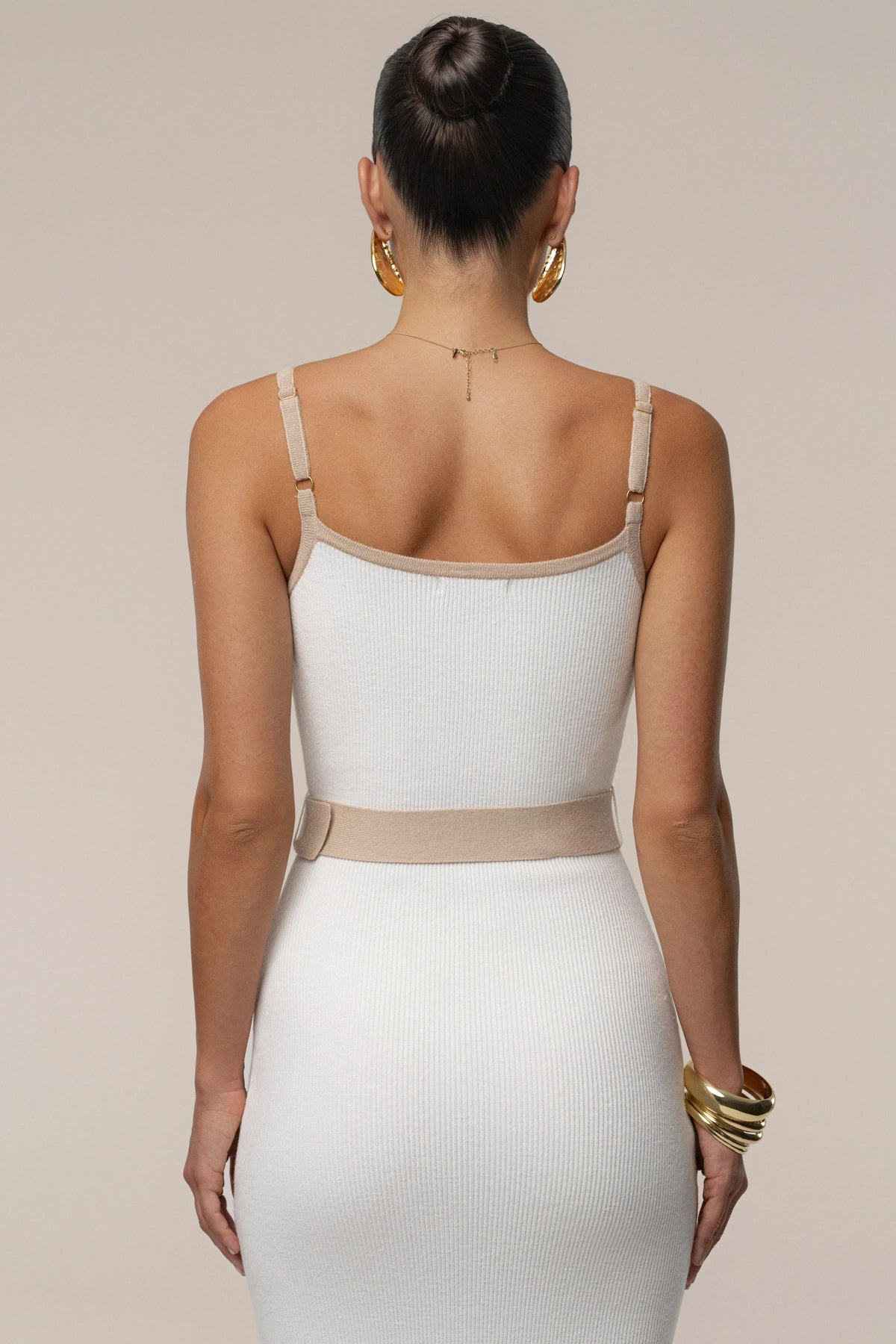 Ivory Beige Belted Cami Maxi Dress