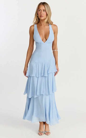 Beryl Midi Dress - Deep V Neck Sleeveless Layered Dress In Blue