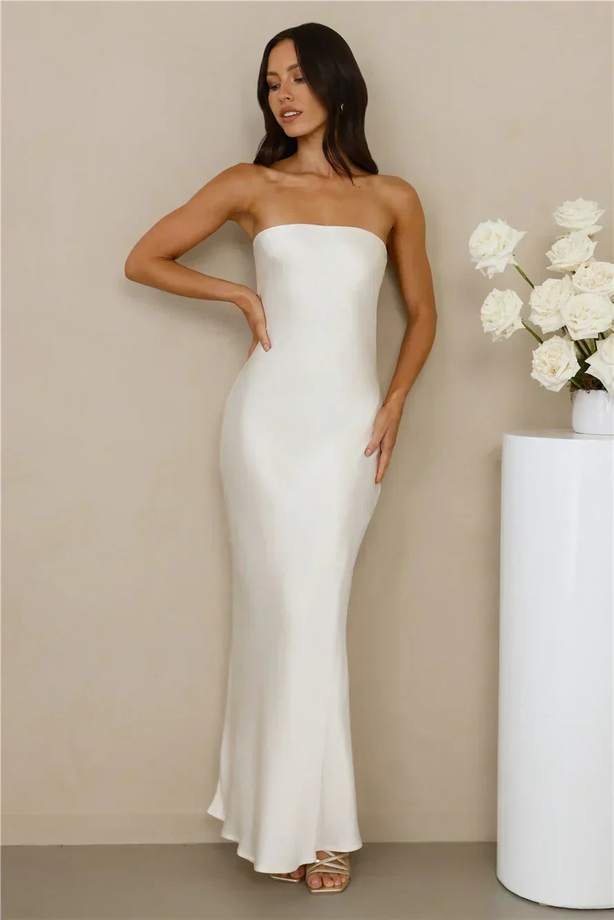 The Felicity Strapless Satin Maxi Dress Pearl