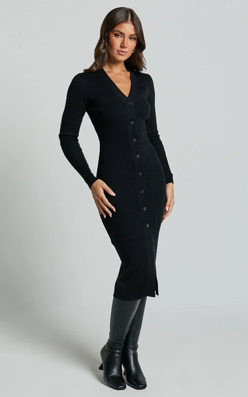 Leahanna Midi Dress - Button Front Knit Dress in Black