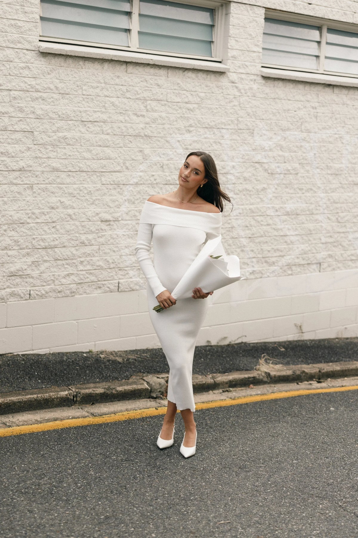 Archie Off the Shoulder Midi Dress - White