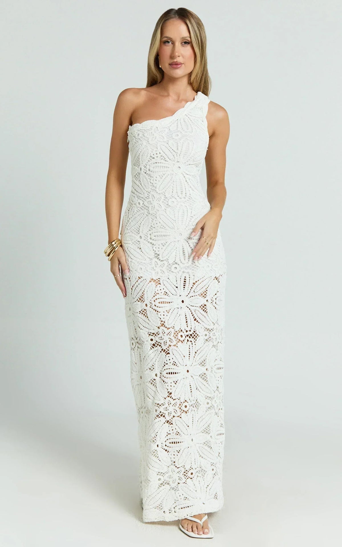 Charlene Maxi Dress - Crochet Knitted One Shoulder Maxi Dress in White