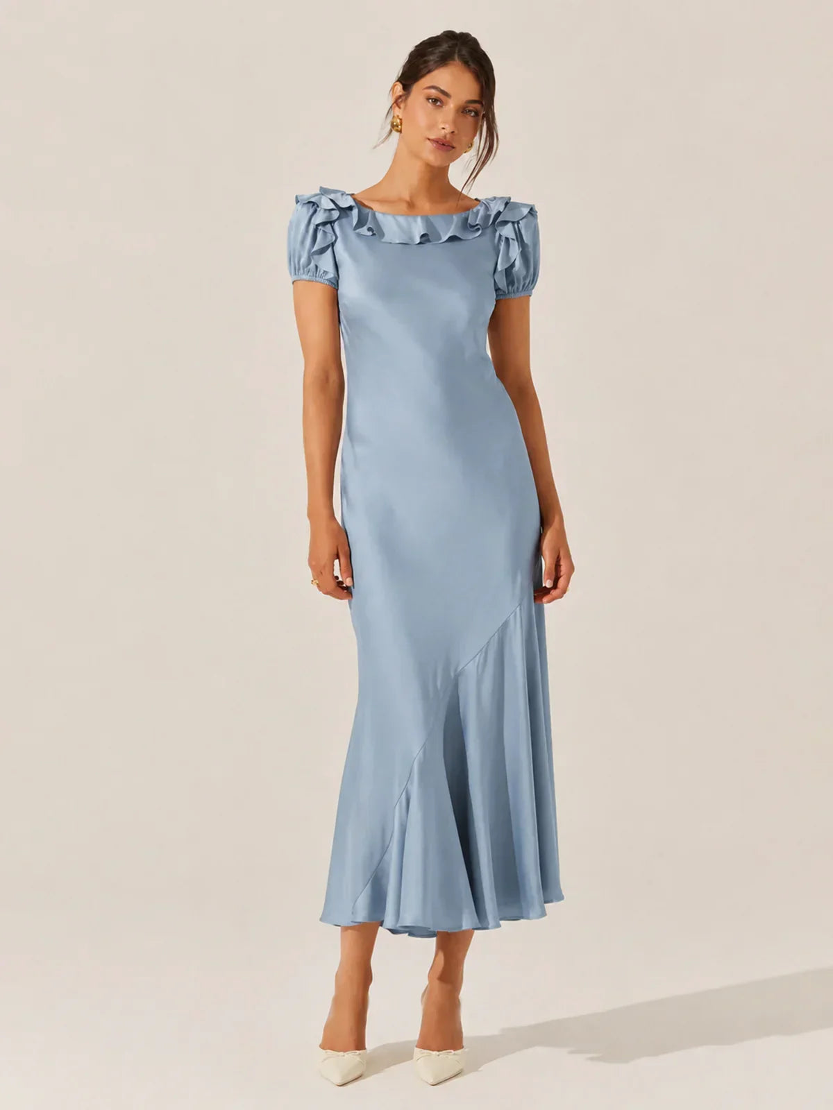 Auden Satin Ruffle Midi Dress
