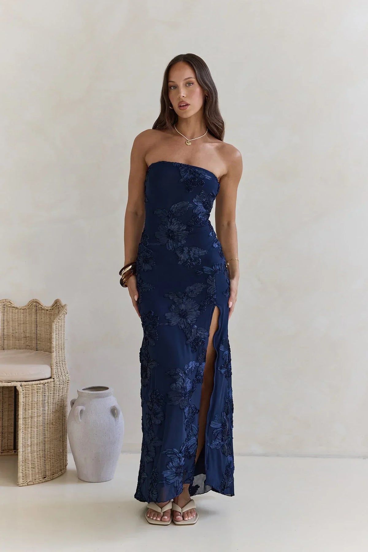 Under A Spell Strapless Mesh Maxi Dress Navy