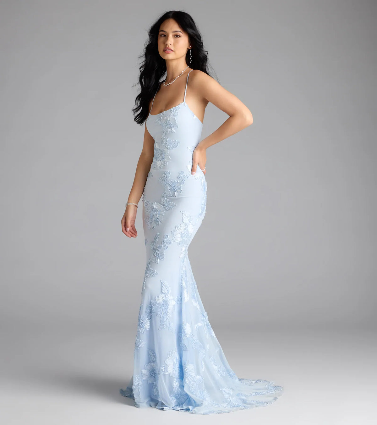 Gabi Lace-Up Floral Trim Mermaid Formal Dress