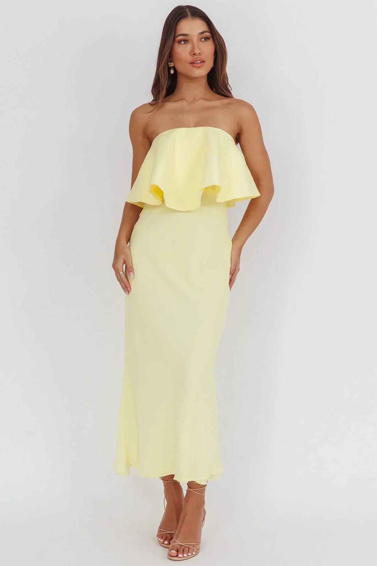Nerina Strapless Ruffle Neckline Maxi Dress Panna Cotta