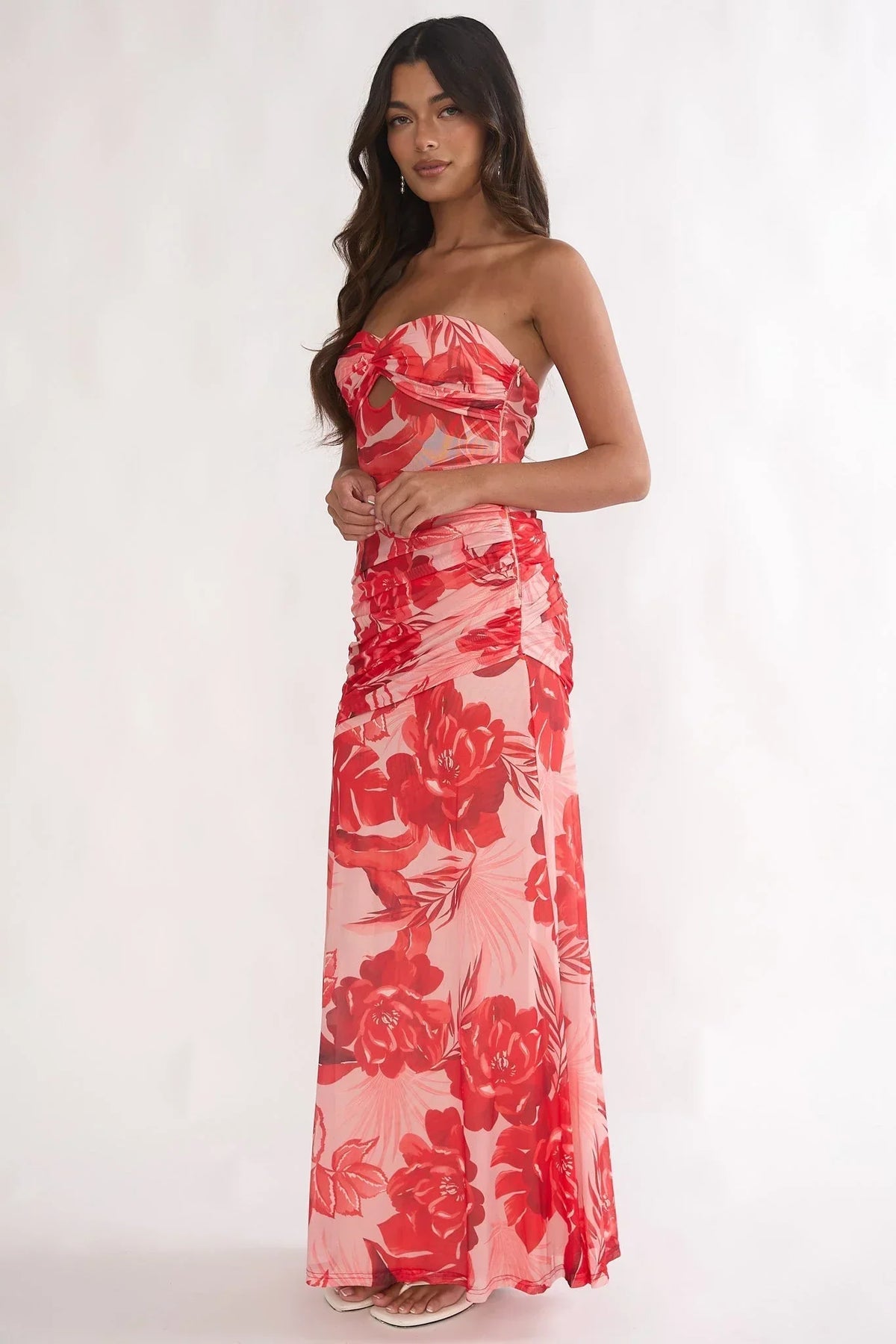 Kallira Ruched Maxi Dress Floral Red
