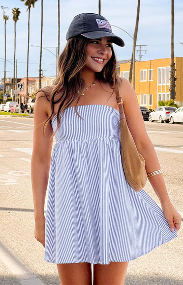 Anderson Blue Stripe Strapless Mini Dress