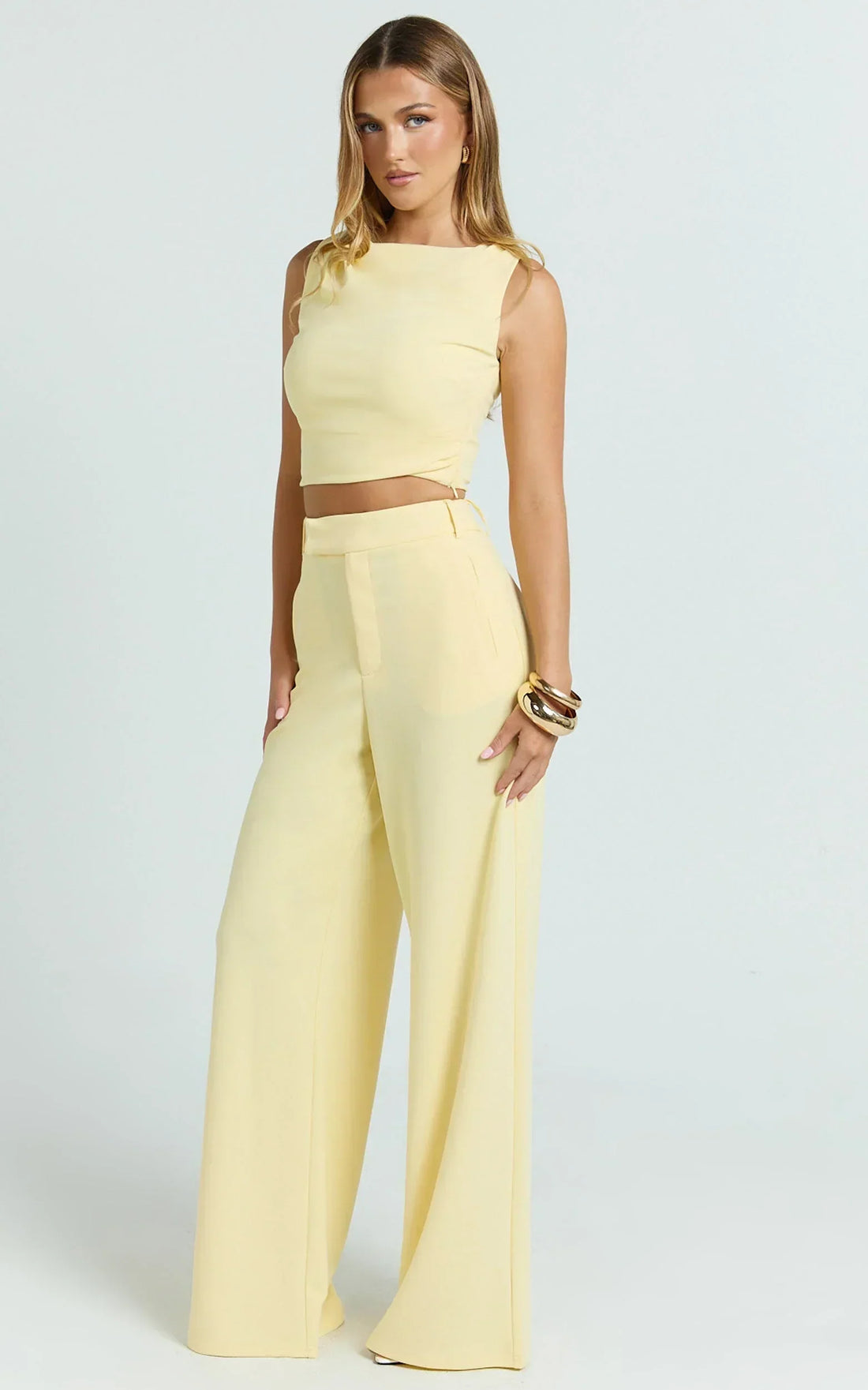 Helen Two Piece Set - Crepe Twisted Top And Wide Leg Pants in Pastel Yellow