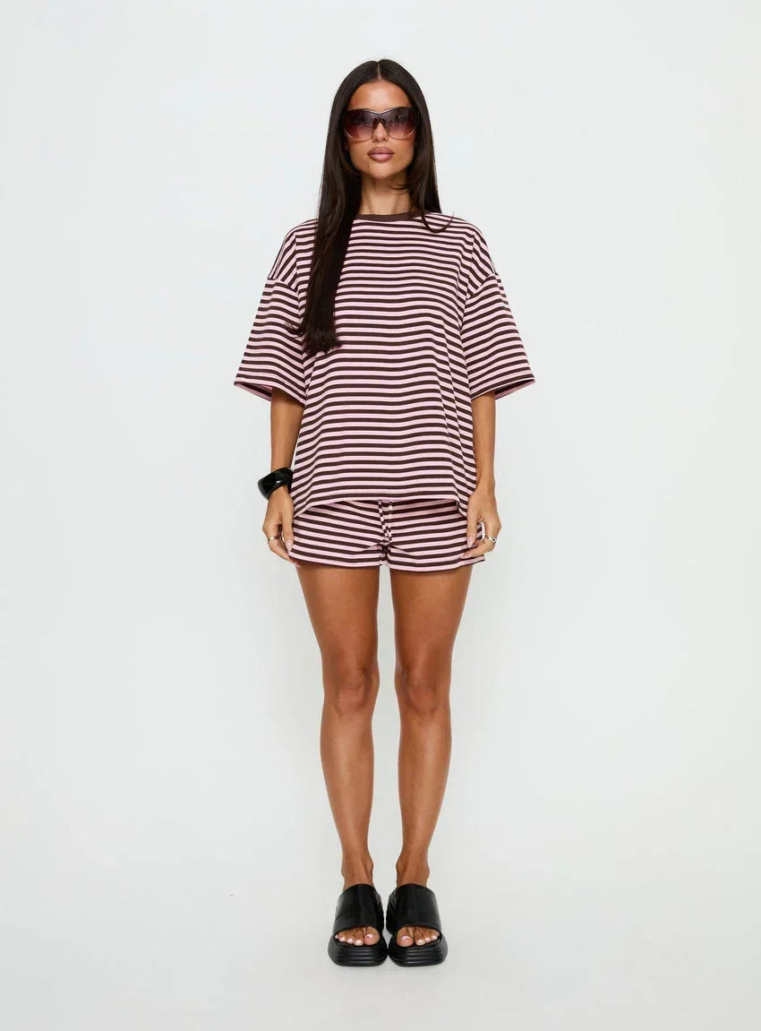 Settle Down Short Sleeve Top Pink / Brown Stripe