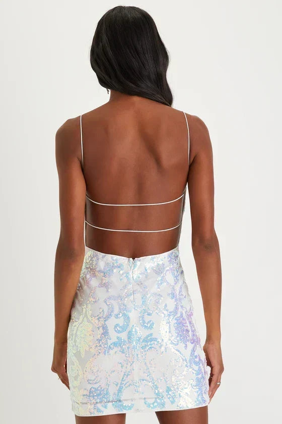 Original Sparkle White Iridescent Sequin Backless Mini Dress