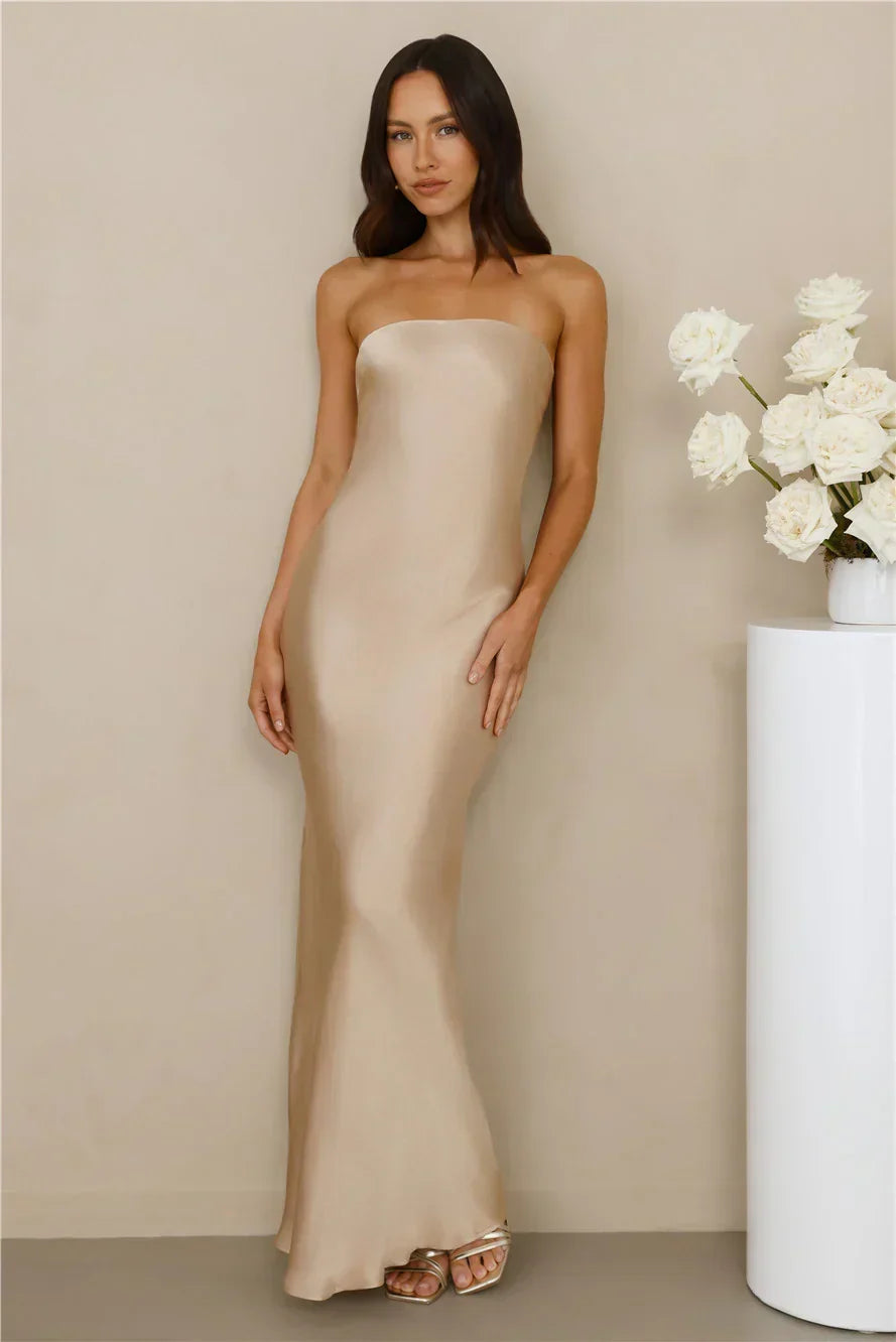 The Felicity Strapless Satin Maxi Dress Champagne