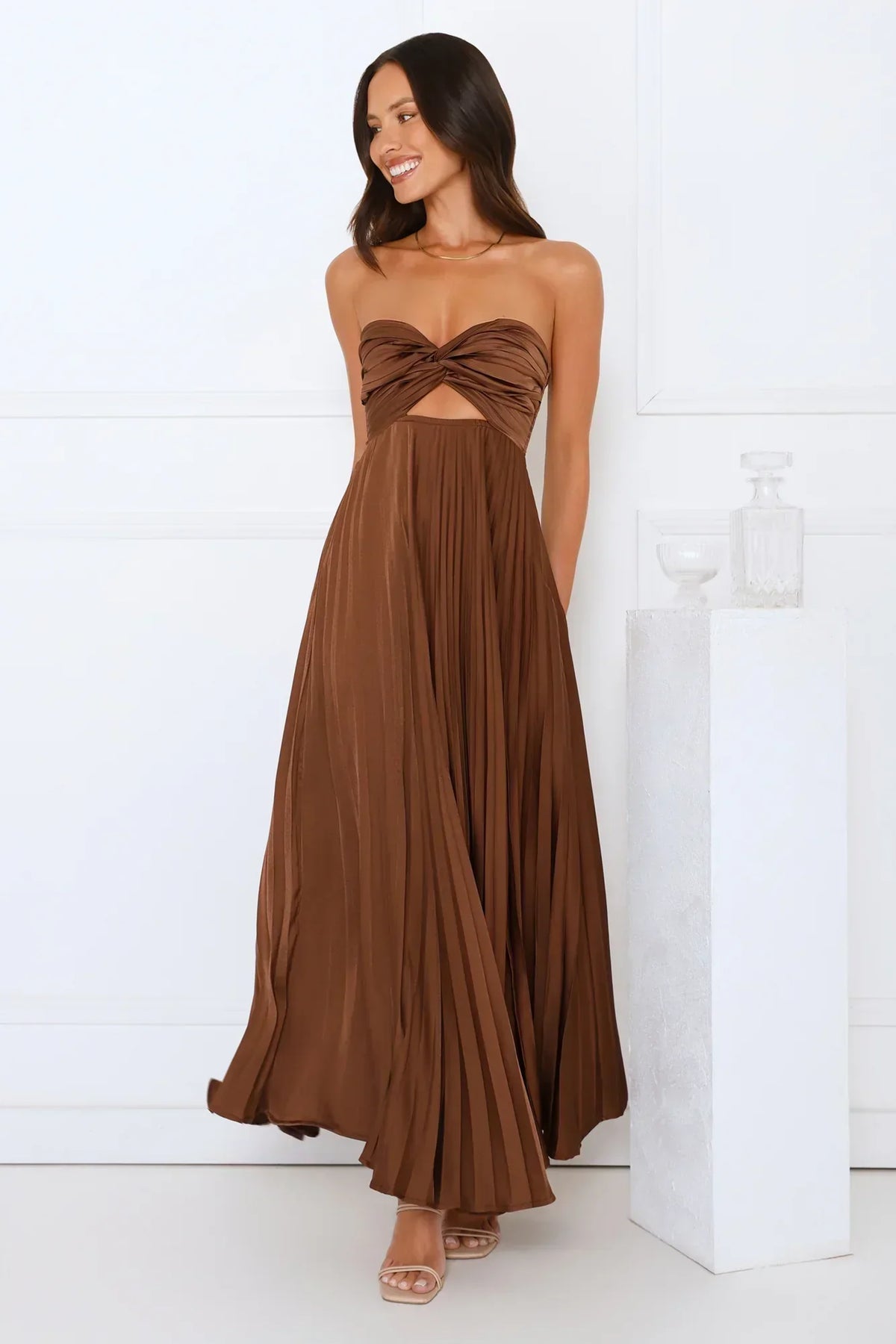 Vibes Are Priceless Strapless Satin Pleated Maxi Dress
