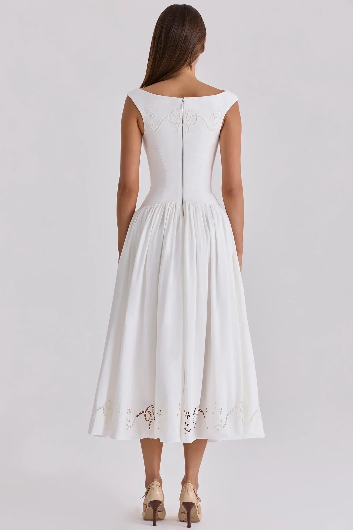 white cotton broderie anglaise boat neck maxi dress