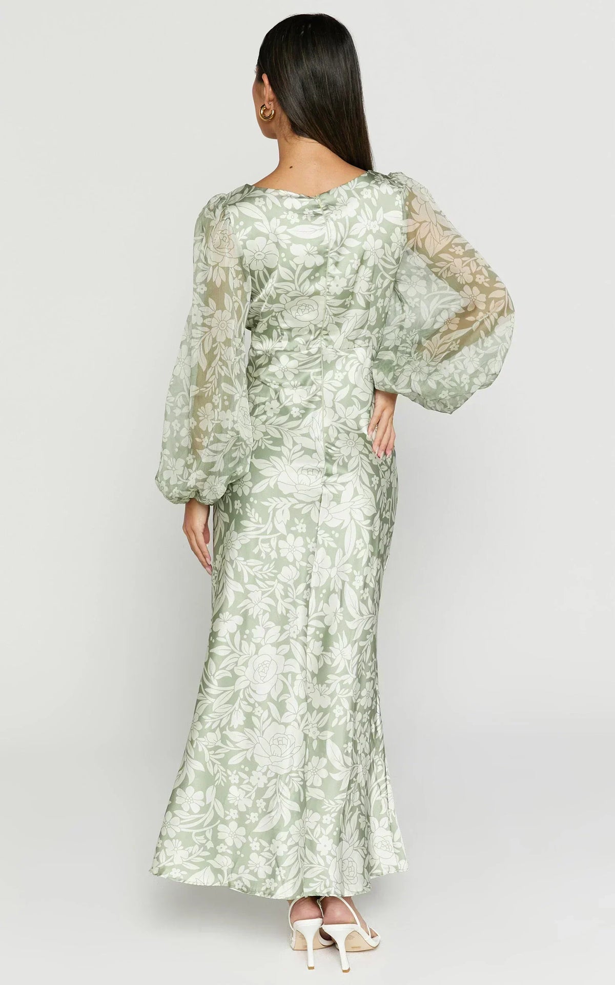 Freollyn Midi Dress - Deep V Neck Long Sleeve Dress in Sage