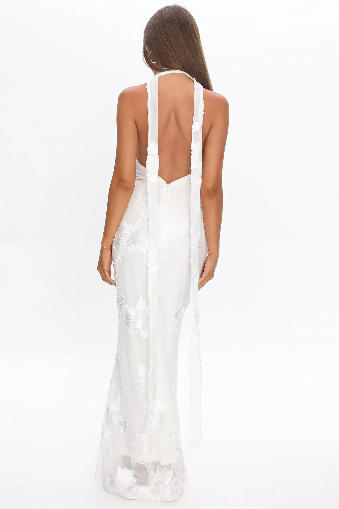 Cipriana Backless Halter Maxi Dress Embellished Floral White