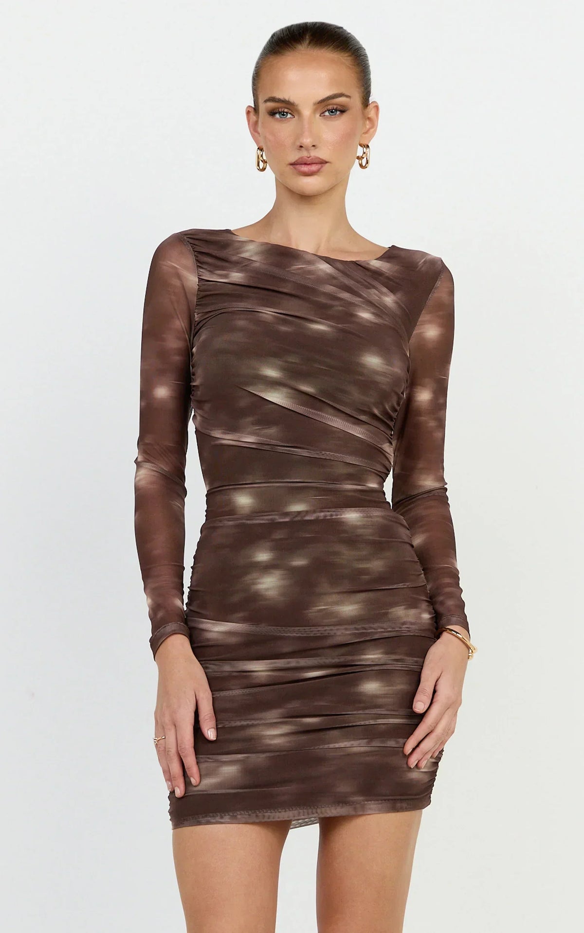 Zita Mini Dress - High Neck Long Sleeve Bodycon Mesh Dress In Chocolate Blurred Print