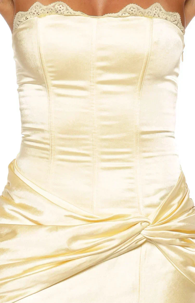 Sasha Yellow Ruched Twist Satin Maxi Dress