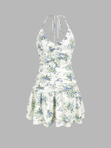 Halter V-neck Floral Layered Ruffle Hem Mini Dress