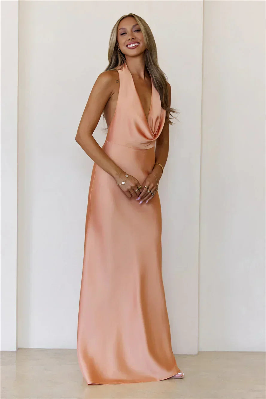 Nightfall Noir Halter Satin Maxi Dress