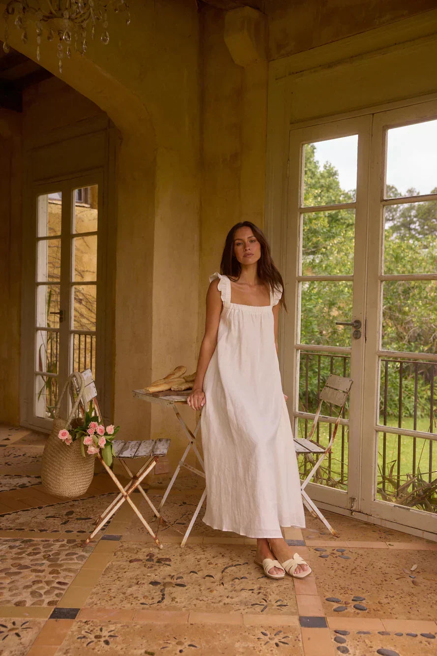 Lily 100% Linen Maxi Dress White