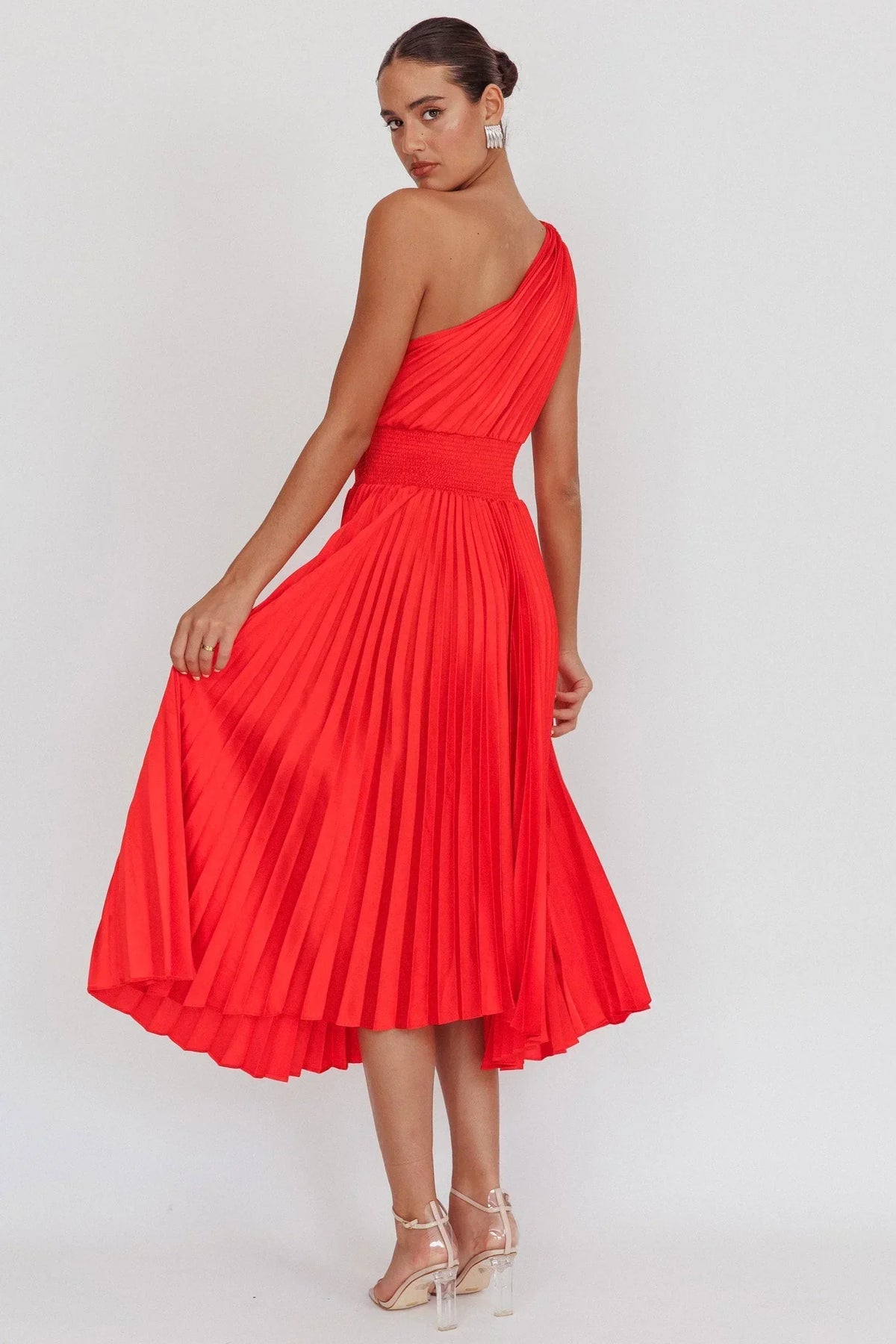 Calissa One Shoulder Pleated Midi Dress Red