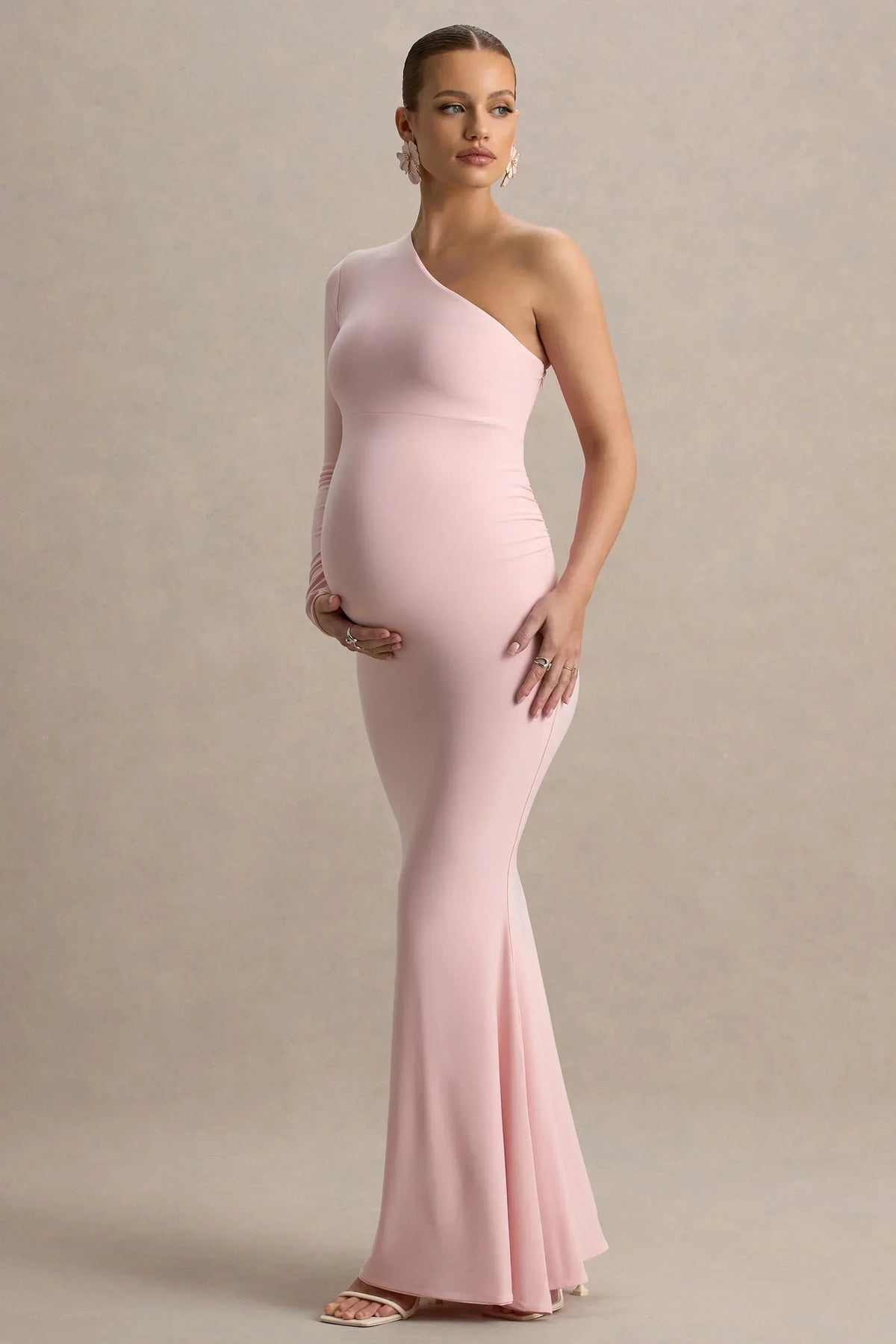 Heloise | Pink Asymmetric One-Sleeve Maternity Maxi Dress