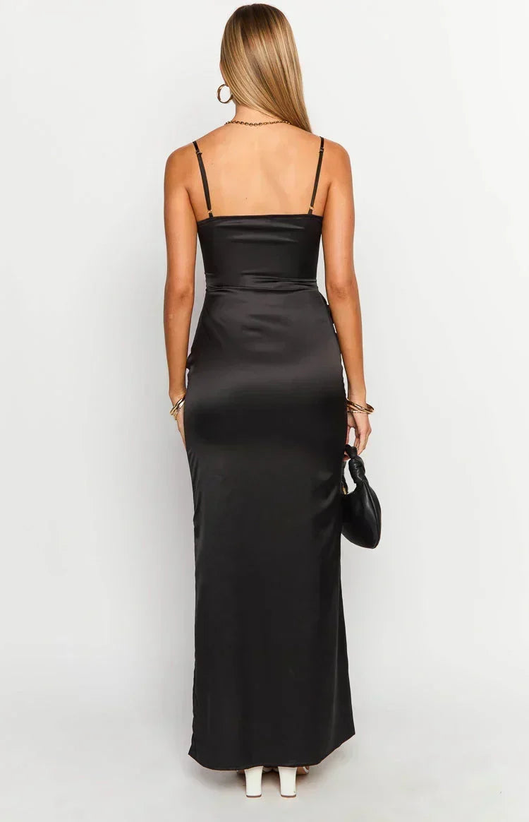 Nahanee Black Satin Ruffle Maxi Dress