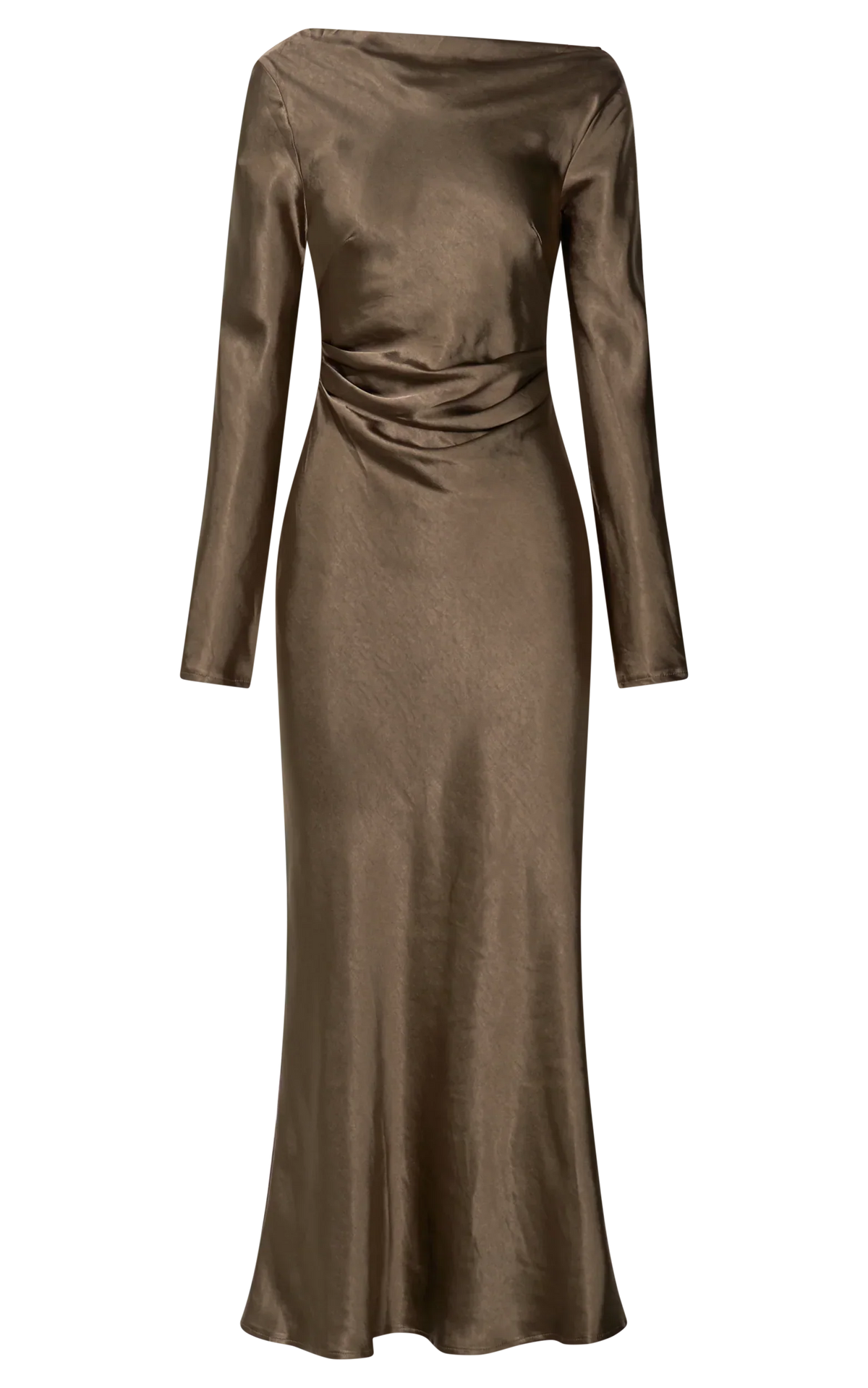 Arriana Midi Dress - Long Sleeve Cowl Back Satin Dress in Dark Olive