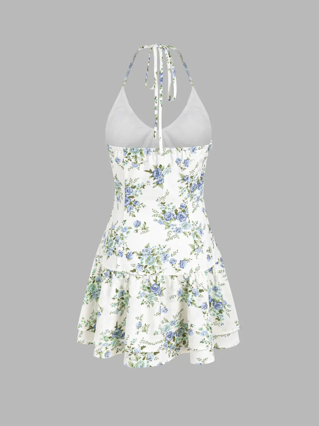 Halter V-neck Floral Layered Ruffle Hem Mini Dress