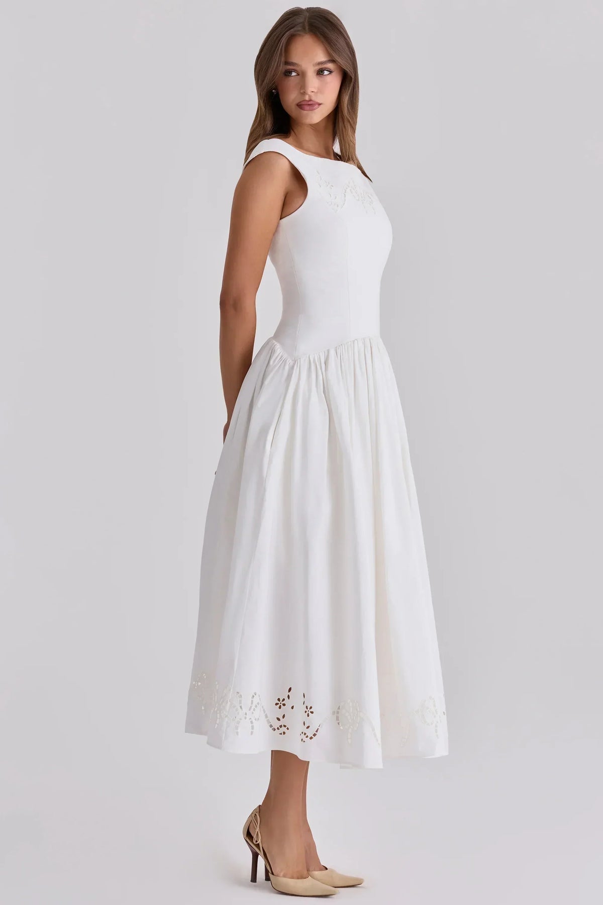 white cotton broderie anglaise boat neck maxi dress